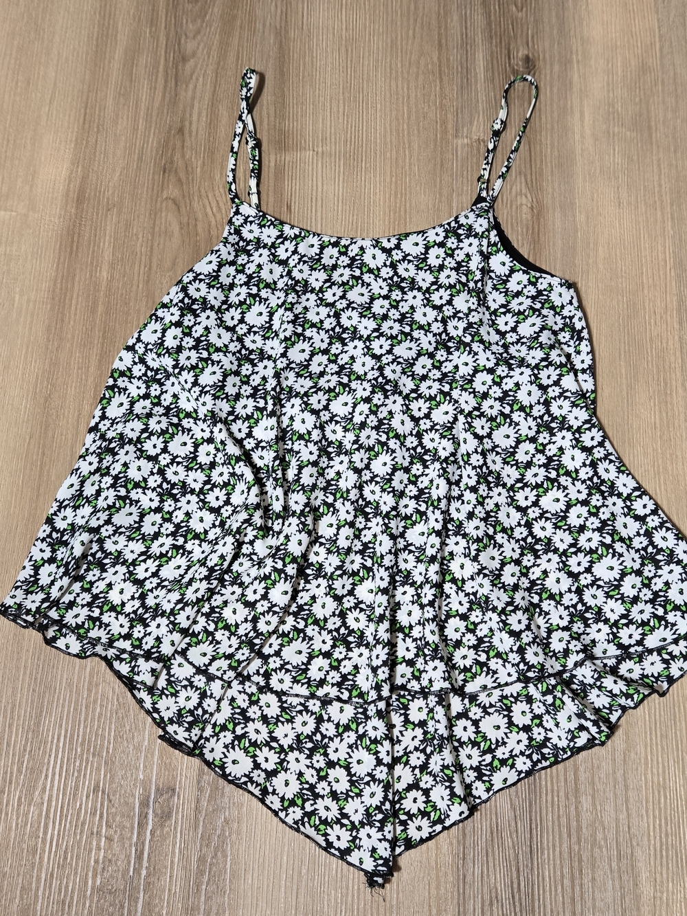 Floral Spaghetti Strap Women's Top - Black and White with Green Accents